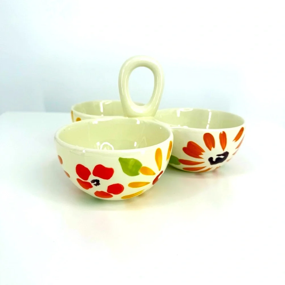 Pier 1 Cream Floral Ceramic Divided Serving Dish NWT